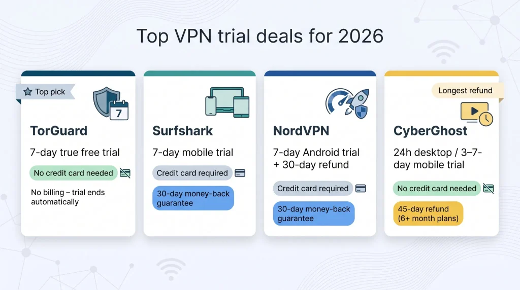 Best VPN free trial deals 2026 visual comparison.