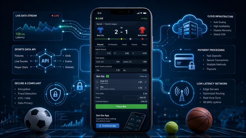 Modern betting app showing live sports scores, betting markets and bet slip connected to real-time data APIs, cloud infrastructure, payments and security systems.