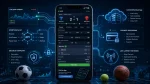 Modern betting app showing live sports scores, betting markets and bet slip connected to real-time data APIs, cloud infrastructure, payments and security systems.