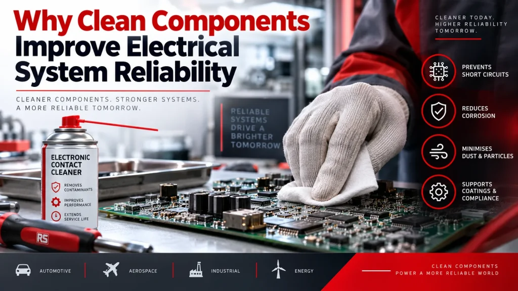 Technician cleaning a circuit board with an electronic contact cleaner to reduce contamination, prevent short circuits and corrosion, minimize dust and particles, and improve electrical system reliability.