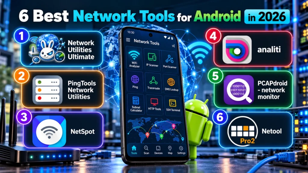 6 best network tools for Android in 2026 featuring Network Utilities Ultimate, PingTools, NetSpot, analiti, PCAPdroid, and Netool with a smartphone network diagnostics dashboard.