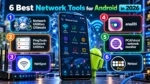 6 best network tools for Android in 2026 featuring Network Utilities Ultimate, PingTools, NetSpot, analiti, PCAPdroid, and Netool with a smartphone network diagnostics dashboard.