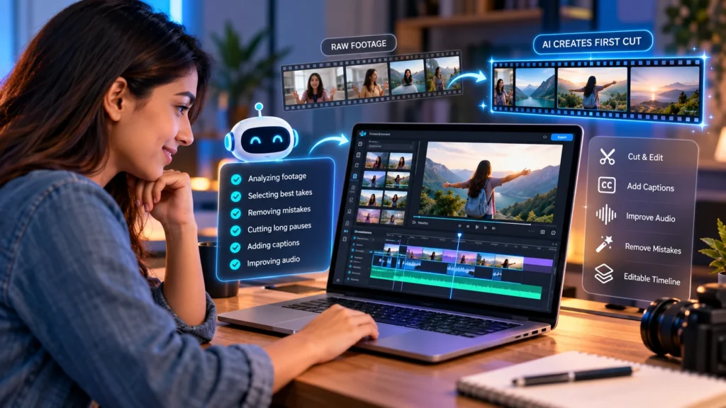 Creator editing a first video online with AI on a laptop, showing an AI-generated first cut, raw footage, editable timeline, captions, audio enhancement, and automated video editing tasks.