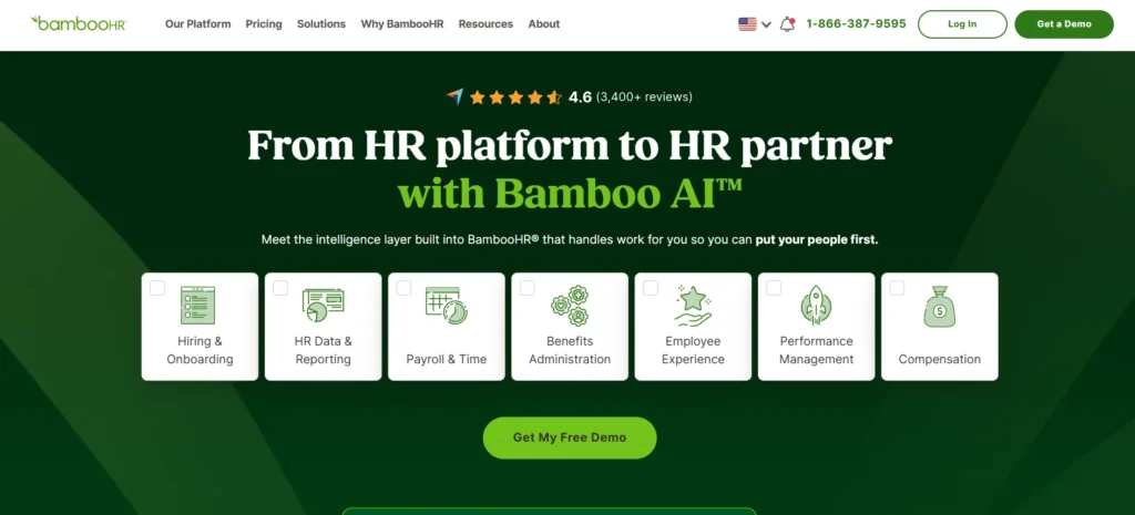 BambooHR HR software homepage showcasing its human resources platform, including hiring and onboarding, HR data and reporting, payroll and time, benefits administration, employee experience, performance management, and compensation.