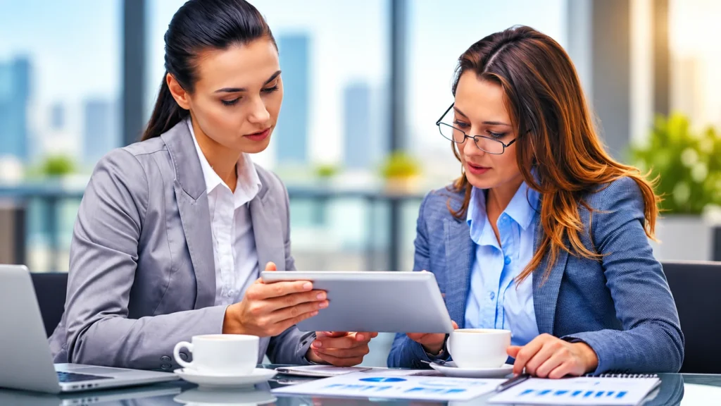 Two professional women in business attire reviewing a tablet and business reports at an office table, illustrating professional collaboration, financial planning, and building a credible small business.