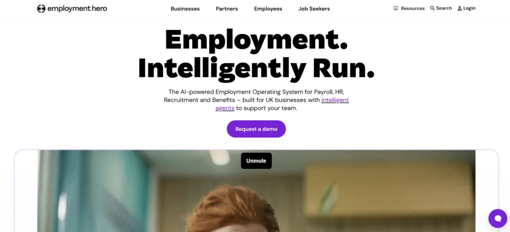 Employment Hero HR software homepage featuring its AI-powered Employment Operating System for Australian businesses, covering payroll, human resources, recruitment, employee management, and benefits.