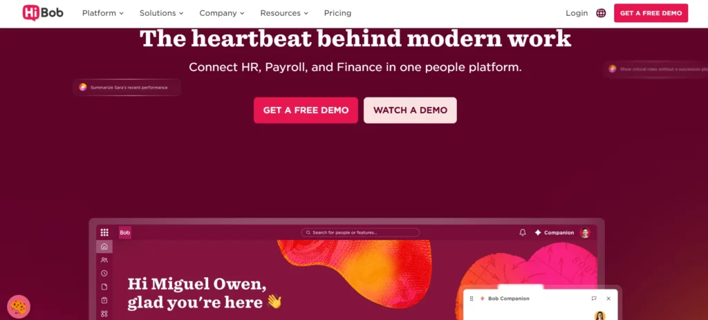 HiBob HR software homepage displaying its modern people management platform, connecting HR, payroll, and finance with employee performance insights, workforce management, and AI-powered HR assistance.