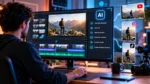 AI-powered video editing in 2026 showing a creator working with an editing timeline, AI-assisted cuts, captions, audio enhancement, and multiple social media video formats.