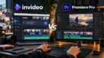 Invideo Editor vs Premiere Pro workflow comparison showing AI-assisted video editing and first-cut assembly on one screen and a professional Premiere Pro timeline with video, audio, and color controls on the other.