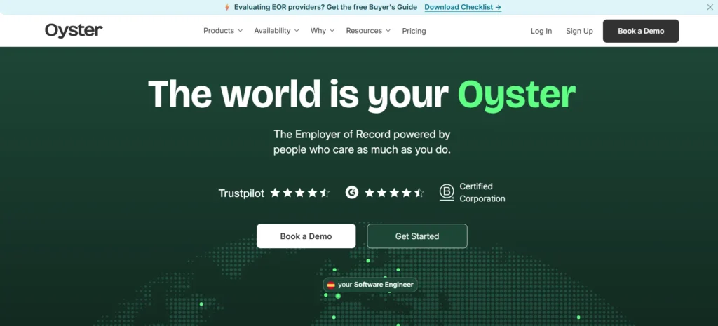 Oyster Employer of Record platform homepage showcasing global employment services, international hiring, worldwide workforce management, and support for businesses employing talent across multiple countries.