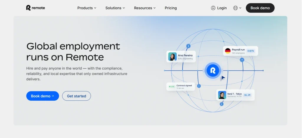 Remote global employment platform homepage featuring an interactive globe illustration and international workforce management capabilities for hiring, paying, and managing employees worldwide.