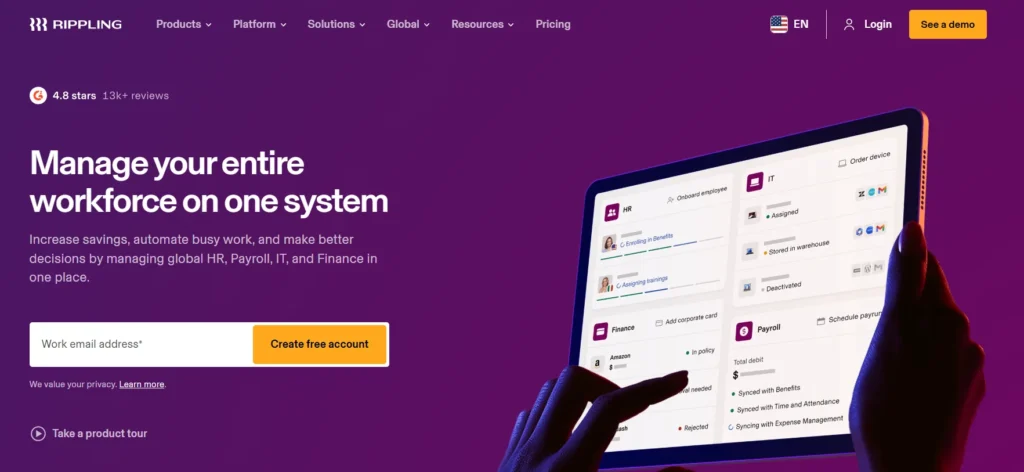 Rippling workforce management platform homepage showing its integrated HR, IT, finance, and payroll dashboard for employee onboarding, benefits administration, device management, and business operations.
