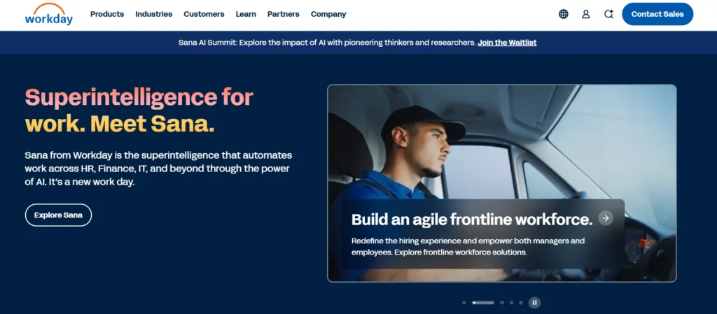 Workday homepage promoting Sana AI and its enterprise platform for automating HR, finance, IT, recruitment, and workforce management operations across organisations.
